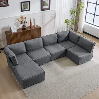 Immagine prodotto di Divano Modulare Modfu, 6 Posti, A Forma Di "L", Divano Relax Con Pouf, Mobili Tessili In Lino, Design Moderno, Grigio Scuro