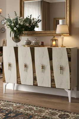 Produktbild von Skye Decor, Hochwertiger Konsolentisch, 120 cm, Weiß-Travertin-Gold, 100% Melamin