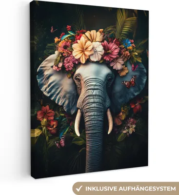 Produktbild von Leinwandbilder 60x80 cm - Tiere, Blumen - Elefant, Bilder Wohnzimmer Modern, Wanddeko