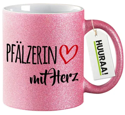 Produktbild von Huuraa Glitzertasse Pfälzerin mit Herz 330ml Pink Keramik Kaffeebecher Geschenkidee