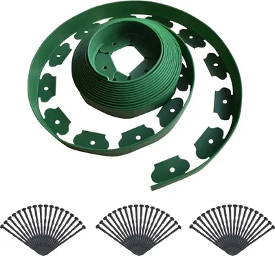 Immagine prodotto di Bordatura per aiuole e prato - Set di nastro per bordature - 10 m x 10 cm - Senza scavo - 30 picchetti - Plastica PE - Per aiuole e vialetti - Verde