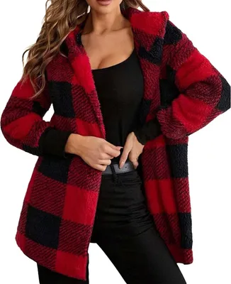 Obrázek produktu pro ASKSA Dámské Teddyjacke Color Blocked Teddyfleece Jacke Fashion Casual Wintermantel Jacken,Rot,XL