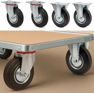 Produktbild von Set von Transportrollen 200mm mit 2 Lenkrollen ohne Bremse und 2 Bockrollen, inklusive Anbauplatte, Tragfähigkeit 150kg pro Rad
