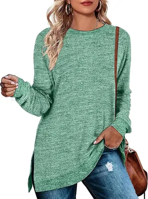 Produktbild von ASKSA Damen Langarmshirt Rundhals Einfarbiges Blusen Freizeit Langarm Lose Tunika Pullover, Grün, XL