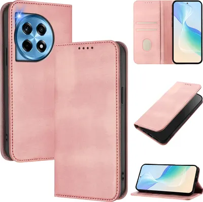 Produktbild von Handyhülle für OnePlus 12, Vintage Leder RFID Schutz Kartenfach Standfunktion Magnetische Klapphülle Pink