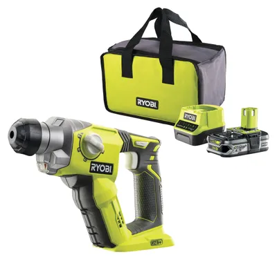 Produktbild von RYOBI 18V ONE+ SDS+ Schlagbohrmaschine – 4 Betriebsmodi – 1,3 Joule EPTA + 2,5 Ah Akku – Ladegerät, Tragetasche – R18SDS-125S