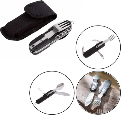 Produktbild von Camping Besteck Bundeswehr 2-teilig – Gabel, Löffel-Messer und mehr mit Tasche für Outdoor aus Edelstahl und Aluminium