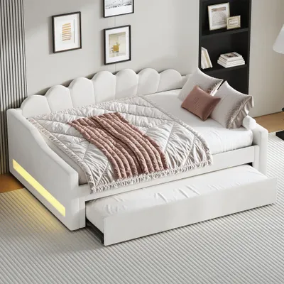 Produktbild von Gepolstertes Tagesbett mit Ausziehbett, LED-Lichtleiste & Leinenbezug, Beige, 140x200cm
