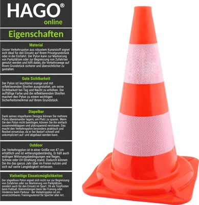 Produktbild von HAGO Verkehrsleitkegel 10 Stück, Kunststoff, Orange, 47 cm Höhe, 295x295 mm Standfläche, 900g, mit reflektierenden Streifen, stapelbar, witterungsbeständig, für Sport & Privatnutzung.
