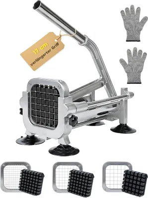 Produktbild von Professioneller Pommesschneider Edelstahl Kartoffelschneider mit 3 Klingen (6,5/9 / 13 mm), Pommespresse für Kartoffeln, Karotten & Gurken