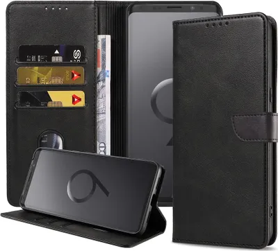 Immagine prodotto di Adatto a Samsung Galaxy S9 Custodia in ecopelle con labbro magnetico e portacarte a libro con patta - Nero - Smartphonics