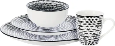 Produktbild von Speiseset Porzellan 16-teilig, modernes Design, rote Streifen & schwarzer Druck, Teller Ø 270 mm