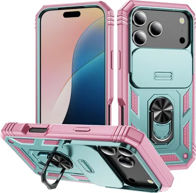 Image de Etui pour iPhone 17 Pro Max protection coulissante de l'appareil photo, résistant aux chocs, avec porte-anneau, support et porte-cartes vert rose
