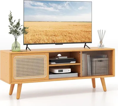 Obrázok produktu pre KOMFOTTEU TV stolík TV skrinka z bambusu a ratanu, TV skrinka pre TV do 55 palcov, TV stolík 120,5x31x45,5 cm