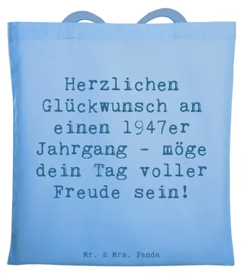 Produktbild von Mr. & Mrs. Panda Jutetasche Spruch 1947 Geburtstag - Sky Blue - Geschenk, Erinnerung, Tote Bag, 1947er, Glückwünsche, Tasche, Shopping, Laptoptasche, Glückwunsch