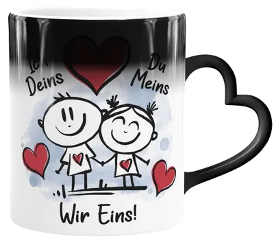 Produktbild von Tasse mit Herz-Henkel Farbwechsel Liebe verliebte Strichmännchem Ich Deins Du Meins Herz Geschenk Valentinstag Jahrestag SpecialMe® Magic - Herz Magic-Herz-Tasse