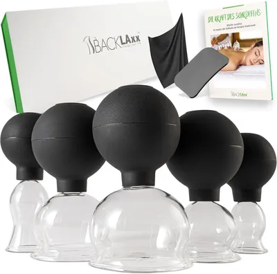 Produktbild von Cupping Set aus Glas, 4 Stück, mit Silikonball und Faszienkratzer, Cellulite Behandlung, für Gesicht