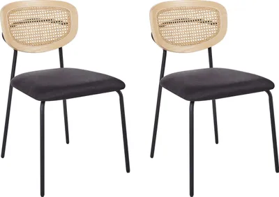 Produktbild von BELIANI Esszimmerstuhl 2er Set Schwarz Stoffbezug Wiener-Geflecht Rückenlehne mit Schwarzen Metallbeinen Ohne Armlehnen Boho Stuhl für Esszimmer