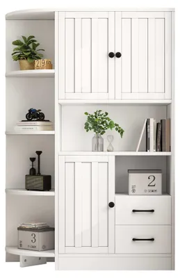 Produktbild von Eckschrank Weiß, 104×35×155 cm, Eckkommode mit 3 Türen, 2 Schubladen und 14 Ablageflächen, Eckschrank schlafzimmer, Vitrine & Highboard