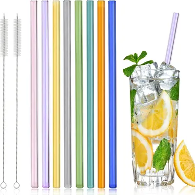 Image de Pailles colorées - Lot de 8 - Verre - Colorées - Réutilisables - Incassables - Résistantes à la chaleur - Pailles en verre droites avec 2 brosses de nettoyage