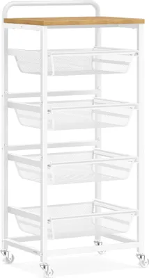 A white metal rolling cart with a wooden top and five mesh baskets, shown from a front-facing angle.