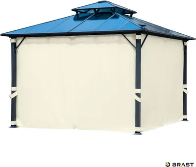 A beige gazebo with a blue roof.