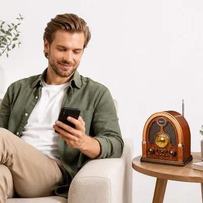 Produktbild von Retro Radio AM/FM/SW mit Bluetooth Lautsprecher, TWS Stereo, USB/TF, wiederaufladbar, Teleskopantenne – Vintage Radio & Bluetooth Speaker für Zuhause