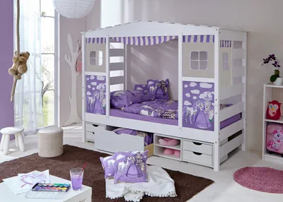 Produktbild von Hausbett Hochbett Spielbett Massivholz Kiefer Weiss teilbar, Bettkasten:Marlies