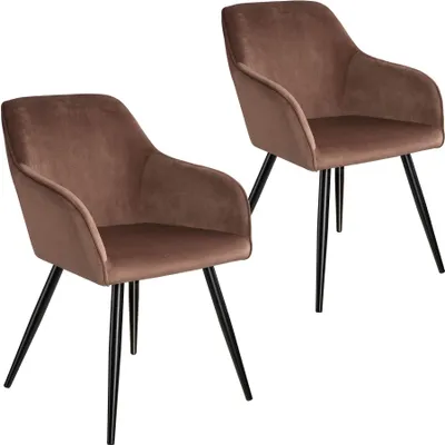 Two brown upholstered chairs with black legs are shown against a white background.