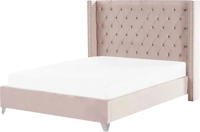 Produktbild von BELIANI Bett Pastellrosa Samt mit Lattenrost 180 x 200 cm Hohes Gestepptes Kopfteil Knopfheftung Nieten Chesterfield Stil Retro Doppelbett Schlafzimmer