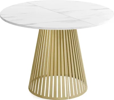 Produktbild von Esstisch Rund Ausziehbar mit Lamellen im Loft-Stil – 120 bis 200 cm – Industrieller Tisch mit Goldenen Metallbeinen, Platzsparend für Wohnzimmer oder Esszimmer – Marmor Weiß