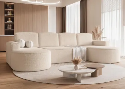 Produktbild von Idohome - Gepolstertes Ecksofa SOFIA U mit Schlaffunktion und Bettkasten 316x157 cm, modern, elegant, oval -Farbe: Beige Abriamo 03