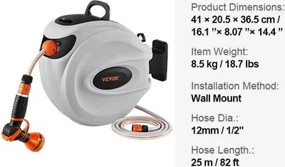 Image de Enrouleur de tuyau d'arrosage, rembobinage automatique, support pivotant à 180°, 25m05en2m