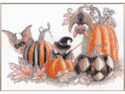 Image de Kit de broderie au point de croix Aine « Pumpkin Bat Party d'après une illustration d'Olga Nowicka », 30 x 21 cm