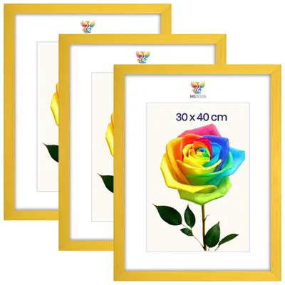 Obrázek produktu pro MG Design, sada 3 kusů rámečků na obrázky, rozměr 30 x 40 cm – fotorámečky se žlutým rámem z masivního dřeva a odolným akrylovým sklem, vhodné k zavěšení i k postavení