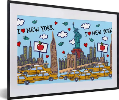 Produktbild von MuchoWow® MuchoWow® Gerahmtes Poster New York - Zeichnung - Freiheitsstatue 60x40 cm - Poster mit zchwarzem Bilderrahmen - Schlafzimmer - Plakat in Rahmen - Drucken