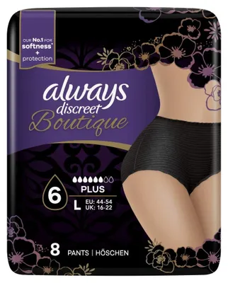 Produktbild von Always Discreet Boutique Pants Plus, Schwarz, Größe L, 2 Packungen à 8 Stück