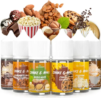 Produktbild von Belissia Shake and Make Kaffeepause - 6 x 30 ml hochdosiertes Lebensmittelaroma - zum Nachfüllen - Für Backen, Speisen, Getränke, Shake, DIY uvm