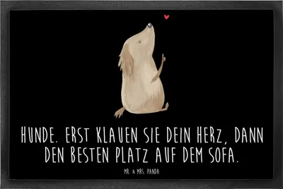 Produktbild von Mr. & Mrs. Panda Bodenvorleger Hund Liebe 60 x 90 cm - Schwarz - Geschenk, fußmatte, Hunde, Herz, Eingangsmatte, Schmutzfangmatte, Gummimatte, Schmutzmatte, Sprüche