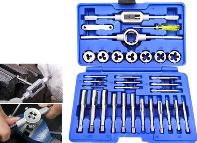 Immagine prodotto di Set di filettature e filiere, acciaio rapido, dimensioni da M3 a M12, set da 32 pezzi, taglio preciso della filettatura, adatto a vari materiali