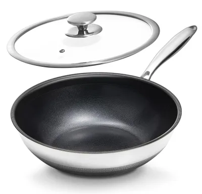 Immagine prodotto di Wok con rivestimento antiaderente, diametro 30 cm, in acciaio inossidabile, adatto per 3-5 persone, ideale per la cucina