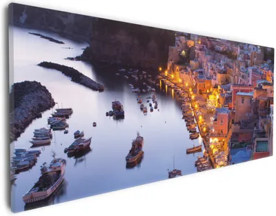 Produktbild von Wallario Premium Leinwandbild Hafen bei Nacht - Italien hell erleuchtet in Größe 30 x 75 cm