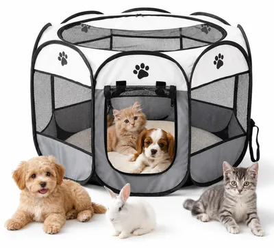 Produktbild von Zusammenklappbarer Welpenlaufstall für Hunde und Katzen, 74 x 74 x 43 cm, Grau