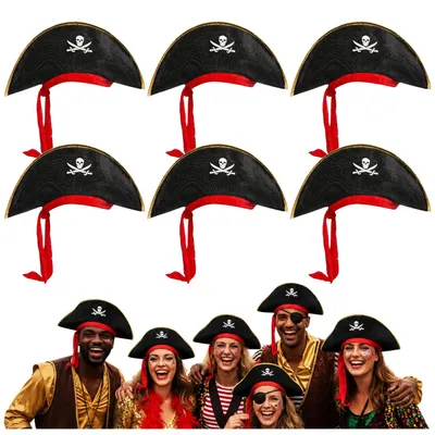 6 Piratenhüte mit rotem Kopftuch, Totenkopf-Motiv, 44x17 cm