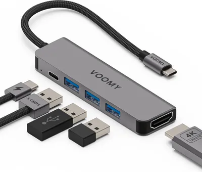 A USB-C hub and its connected cables are displayed on a white background.