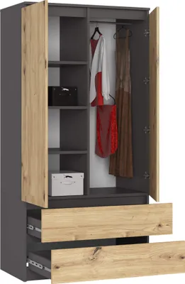 Produktbild von Kleiderschrank AKORD S90 Graphitgrau 90 cm 2 Türen 2 Schubladen 4 Ebenen Front Eiche Artisan B90 x H180 x T51 cm