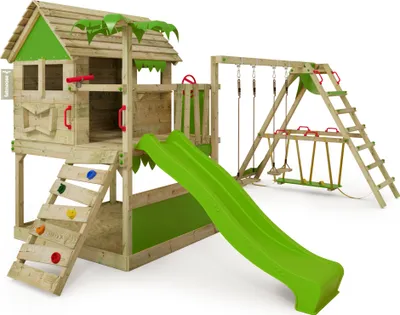 Image de Structure d'escalade Fatmoose TikaTaka Town XXL avec module de surf et toboggan, couleur vert clair