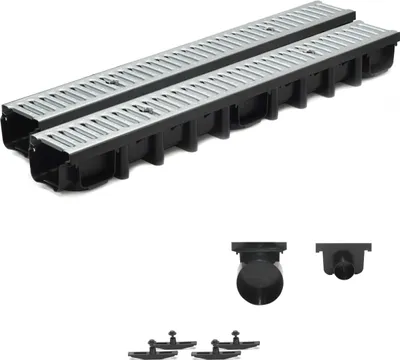 Produktbild von 2m Entwässerungsrinne Terrassenrinne Stahlrost verzinkt komplett SET, System A15 98mm