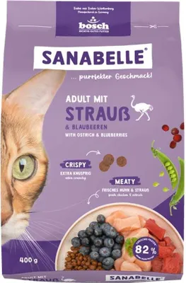 Produktbild von Sanabelle Katzentrockenfutter Adult mit Strauß & Blaubeeren für ausgewachsene Katzen 400 g