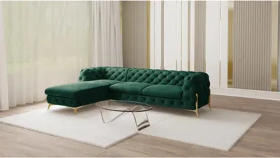 Produktbild von S-STYLE MÖBEL - Chesterfield Ecksofa mit Ottomane links Nova mit Goldene Metall Füßen aus Flasche Grün Samtstoff, B/T/H: 305 cm/ 200 cm/ 75 cm